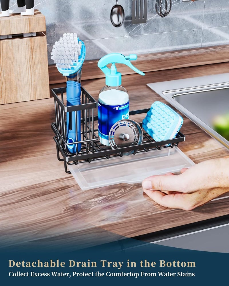 Consumest Sponge Holder for Kitchen Sink - Kitchen Sink Caddy Organizer with Removable Drip Tray for Countertop Dish Soap Dispenser Brush Storage Accessories 304 Stainless Steel - Black - Image 4